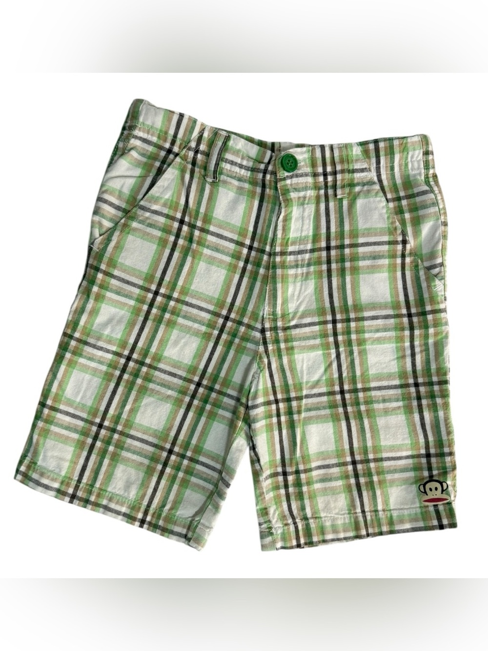 Paul Frank Julius Monkey Plaid Shorts Boys 4T Green Cotton Flat Front Casual